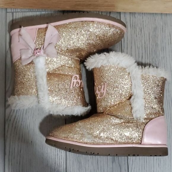 Juicy Couture Boots Bling Glitter Winter Snow Furry Gold Pink Big Girls SIZE 3 - Picture 8 of 16